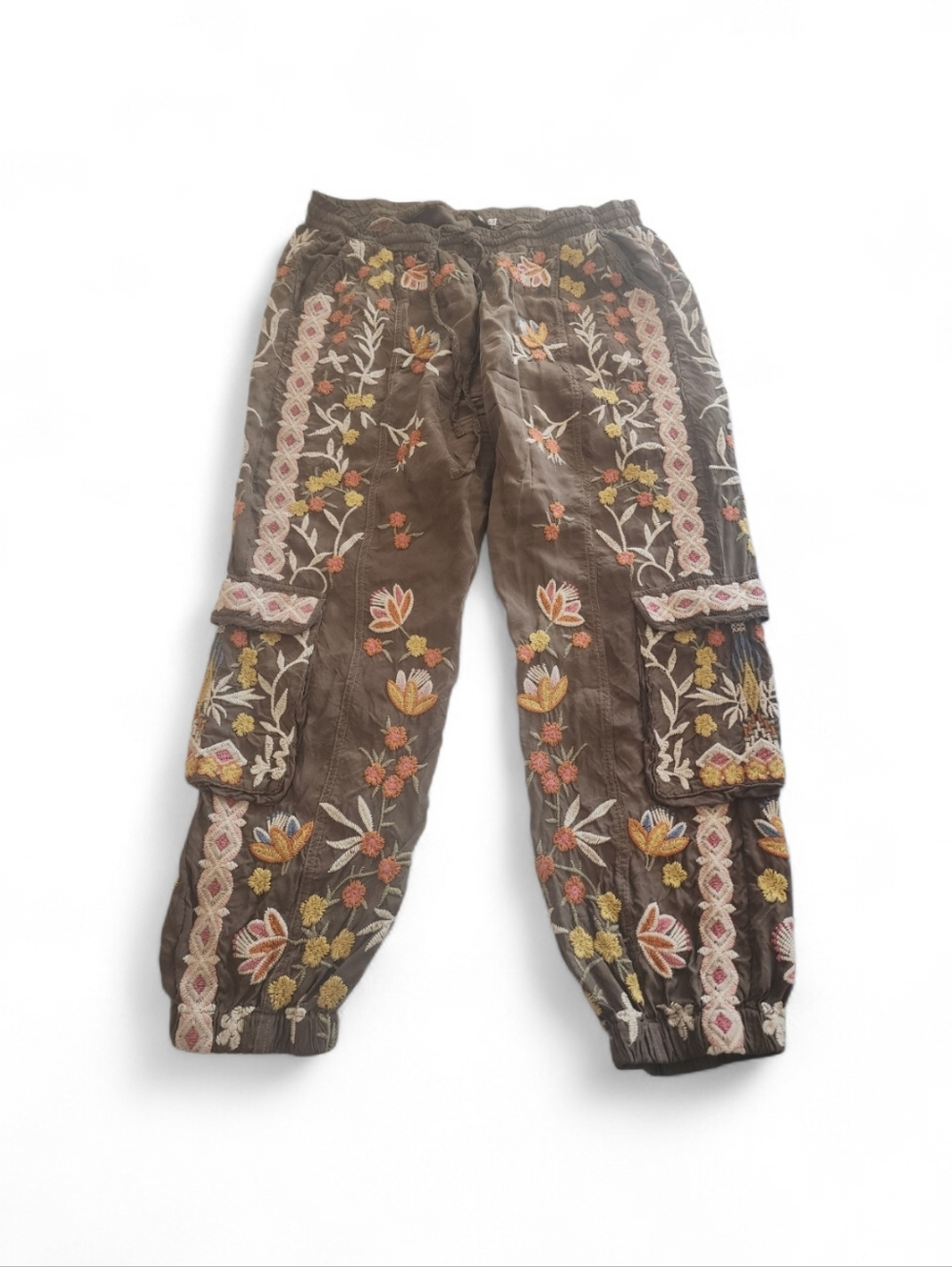 Rare Sold Out Johnny Was Cupra Joggers Embroidered Floral Boho Pants Olive M
